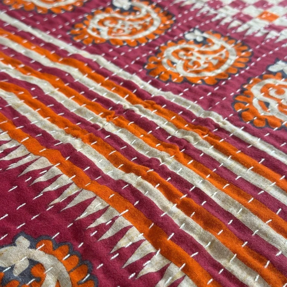Vintage Kantha Quilt Twin Hand Stitched Sari Patchwork Boho Textile 52” x 80”